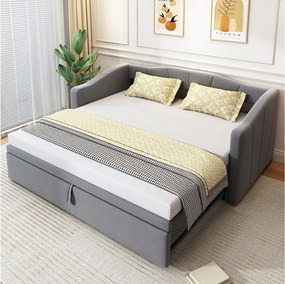 Sofa tapicerowana z funkcją spania i wysuwanym łóżkiem - 90/180 x 200 cm - z podstawą z listew - aksamit - szara