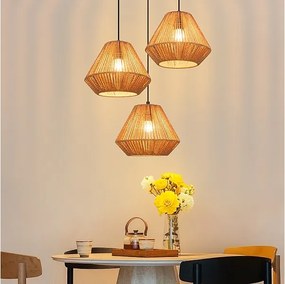 Lampa wisząca Nettlife Boho Rattan na stół jadalny – 3 żarówki E27, regulowana wysokość, styl retro, do salonu/sypialni (żarówki nie są dołączone)