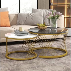 Wsuwane stoliki kawowe z drewna - Biała okleina imitująca marmur i złoty metal - MDF - do salonu - Szaro-białe