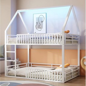 Łóżko piętrowe dla dzieci - 2 x 140 x 200 cm - z barierką + LED - Metalowe - białe