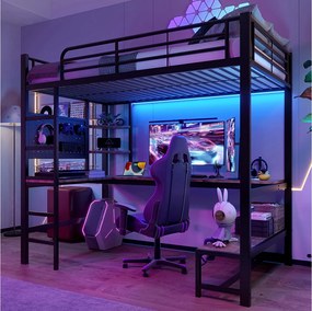 Łóżko piętrowe dla dzieci - 90 x 200 cm - rama żeliwna - z biurkiem + diody LED + USB + Type-C - metal + MDF - czarne