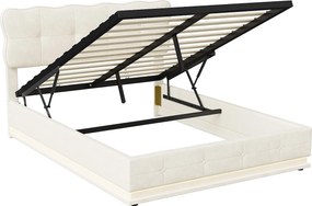 Łóżko z pojemnikiem 140x200 z oświetleniem LED, tapicerowane, z podstawą z listew, aksamit, beżowe