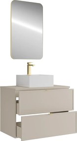 Wisząca szafka łazienkowa z kwadratową umywalką nablatową, baterią i lustrem – Beżowa – 80 cm – ONDIL