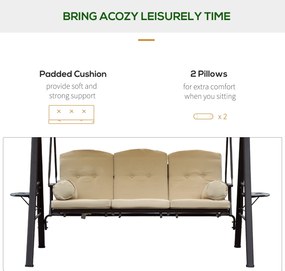 Huśtawka ogrodowa Outsunny 3-osobowa z dachem, beżowo-brązowa, 121×208×172 cm