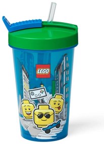 Niebieski kubek podróżny z zielonym wieczkiem i słomką LEGO® Iconic, 500 ml