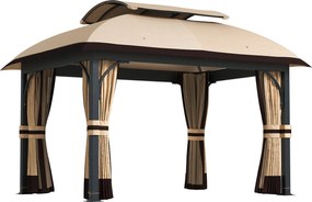 Outsunny Pawilon ogrodowy, 3,3 x 4 m namiot ogrodowy z siatkowanymi zasłonami, dwupoziomowy dach, pokrycie z ekoskóry, metalowy stelaż, Khaki | Aosom PL