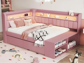 Tapicerowana sofa z łóżkiem 90x200 cm - oświetlenie LED i port USB - 2 szuflady i półka na buty - MDF+Len - Różowy​ (bez materaca)