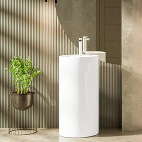 Umywalka z konglomeratu wolnostojąca okrągła biała błyszcząca 87 x 44 cm KALMI WHITE GLOW z otworem na baterię : Podłączenie syfonu - Do podłogi