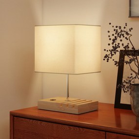 HOMCOM Lampka nocna, złącza USB, drewno, tkanina, przełącznik kołyskowy, przegródki, biały