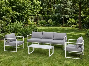 Komplet mebli ogrodowych (duża 3os. sofa, 2 x fotel + stolik) MOSTRARE białe aluminium, szare poduchy