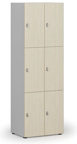 Drewniana szafka skrytkowa S4, 6 schowków, demontaż, zamek obrotowy, szary/brzoza