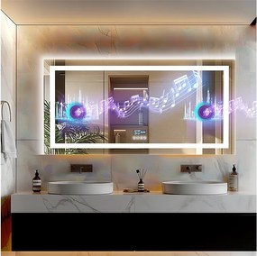 Lustro łazienkowe 140x70cm LED regulowane + przeciwmgielne + Bluetooth 5.2 + Zegar + 3 kolory 4 przyciski