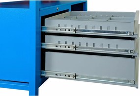 Warsztatowy stół roboczy GD, bukowa deska warstwowa, 3 szuflady, 1 półka, 1700 x 685 x 850 mm, grafitowy / czerwony