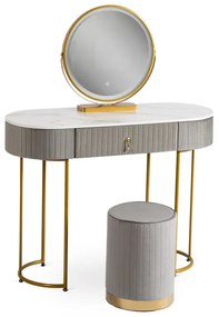 Szara toaletka glamour z lustrem i welurową pufą - Erton 4X