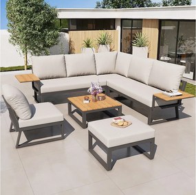 Salon ogrodowy, zestaw mebli z tworzywa drewnopodobnego na 6-7 osób - kanapa narożna - z żelaza ocynkowanego - stoły - 1 krzesło - ławka, Beżowy