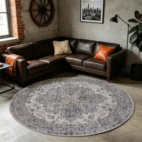 Dywan vintage INKA Klasyczny Medalion z Efektem Postarzenia Beżowo-Szary koło 200 cm x 200 cm