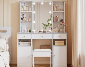 Toaletka z lustrem - z taboretem - z regulowanym oświetleniem LED - 2 drzwi i 3 szuflady - biała