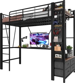 Łóżko piętrowe dla dzieci - 90 x 200 cm - konstrukcja żelazna - z biurkiem + 4 szuflady + diody LED - metalowe - czarne