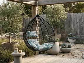 Czarny wiszący fotel KOKON bez stojaka, zielono-biała poduszka