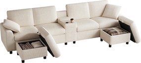 Nowoczesna narożna kanapa w kształcie U - z USB i Type-C - z 2 podnóżkami z funkcją przechowywania - z 2 uchwytami na kubki - welur żebrowany - Beżowy