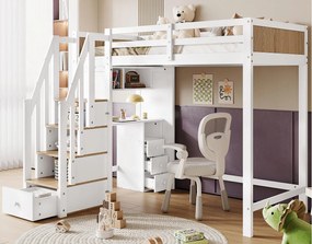Łóżko mezzanine z drewna - 90x200 cm - z biurkiem, półkami i schodami do przechowywania - Białe
