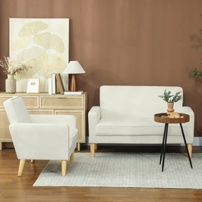 HOMCOM Sofa 2-osobowa, podwójna sofa z nogami z kauczukowego drewna, tapicerowana sofa do salonu, sypialni, kremowobiała