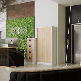 Metalowa szafa kartotekowa SARA V4, 460 x 1320 x 620 mm, Eco Design: biała/ dąb sonoma