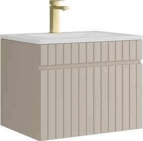Wisząca szafka łazienkowa prążkowana beżowa z umywalką podblatową do zabudowy i baterią – 60 cm – SATARA