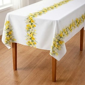 Obrus na metry biały z żółtymi kwiatami Oxford 3 pasy - szer. 150 cm