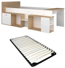 Łóżko piętrowe 90 x 200 cm z biurkiem i schowkami - Biały i naturalny + Stelaż - PALOMA