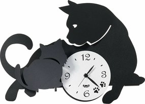 Zegar ścienny Mamma Gatta, 38 x 27 cm, czarne żelazo, wzór kota i kociaka, cichy mechanizm zasilany bateriami, wyprodukowano we Włoszech