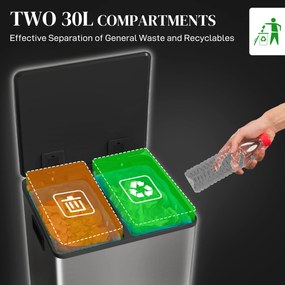 HOMCOM Kosz na śmieci z 2x30 l komorami, pokrywa Soft-Close, odporny na odciski, stal nierdzewna, srebrny | Aosom PL