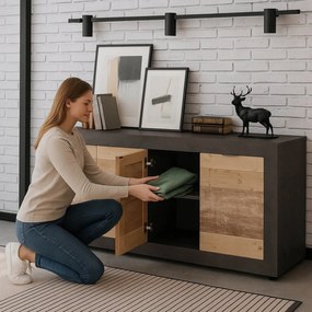 Komoda Czterodrzwiowa BLAGO 180 cm Surowy Dąb/Czarny Loft
