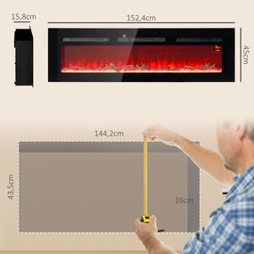 HOMCOM Kominek elektryczny z uchwytem ściennym i pilotem, sztuczne polana i kryształy, moc 1800 W, czarny | Aosom PL