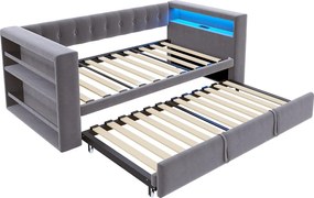 Łóżko wysuwane 90/180 x 190 cm - Łóżko pojedyncze z oświetleniem LED i półką do przechowywania - flanela ciemnoszara - materac nie jest wliczony w cenę