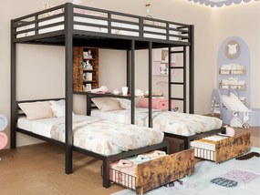 Łóżko piętrowe 140x200 cm + 90x200 cm – 3 miejsca do spania – z barierkami bocznymi – z przegrodami do przechowywania – 2 szuflady – czarne