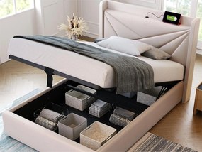 Łóżko ze schowkiem 90 x 200 cm - USB i typ C - tkanina lniana - stelaż listwowy - beż