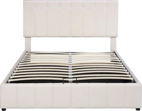 Łóżko z pojemnikiem 140x200 cm - kremowo-biały aksamit - tapicerowane łóżko z regulowanym zagłówkiem - metalowa rama z listew