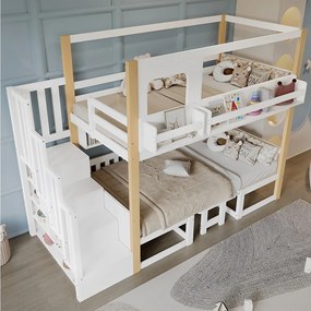 Łóżko piętrowe dziecięce 90x200 cm - z regulowanym stołem i półką na książki - można przekształcić w łóżko lub stół i krzesła - biały​ (bez materaca)