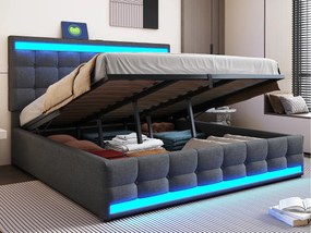 Tapicerowane łóżko ze schowkiem 180x200 cm - Z portem USB - Z taśmą LED - Len - Szary (bez materaca)