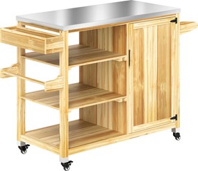 Outsunny Wyspa kuchenna na zewnątrz, Wózek grillowy ze szafką i półkami, Kuchenny wózek z drewna i stali nierdzewnej, na kółkach, Drewno naturalne
