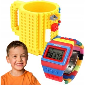 KUBEK KLOCKOWY DUŻY 350ML + KLOCKOWY CYFROWY ZEGAREK DLA DZIECKA REGULOWANY