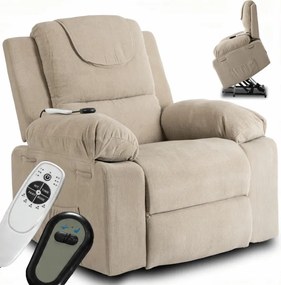 Fotel Masujący FENIX z Funkcją Wstawania Elektrycznie Rozkładany Beżowy Sztruksowy Nowoczesny