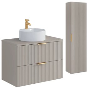 Wisząca szafka łazienkowa z prążkowaną fakturą, z okrągłą umywalką nablatową i słupkiem – kolor beżowy – 80 cm – ZEVARA