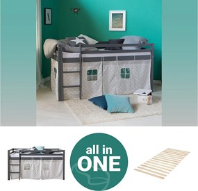 Łóżko piętrowe 90x200 cm Szare Lite drewno sosnowe Zasłona Gwiazdy