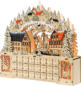 HOMCOM Kalendarz Świąteczny z Domkami, 18 Diód LED, 24 Przesuwane Schowki, Wielokrotnego Użytku, 45 x 9 x 42,5 cm | Aosom PL