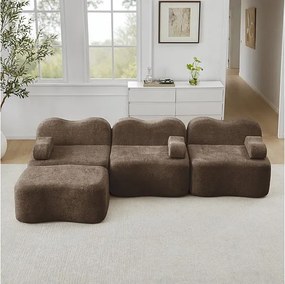 Canapé d'angle modulable en velours, avec pouf et coussin d'accoudoir, 288x167x70cm, Marron
