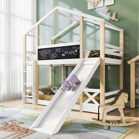 Łóżka piętrowe Cabane 2 x 90 x 200 cm z zjeżdżalnią, barierami, schodami - EN747 - biała i naturalna sosna certyfikowana