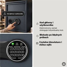 Sejf depozytowy z wrzutnią, elektroniczny zamek na kod, na pieniądze i dokumenty, 345x455x300 mm: CEDRIC