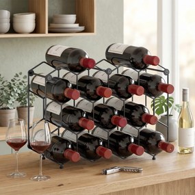 HOMCOM Stojak na wino na 13 butelek z designem plastra miodu, regulowanymi nóżkami, zabezpieczeniem przed przewróceniem, metalowy, 43 x 15,5 x 31 cm, czarny | Aosom PL